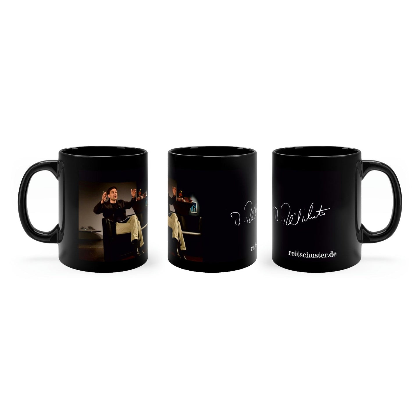 schwarze Kaffeetasse bedruckt mit Boris Reitschuster Foto und Signatur
