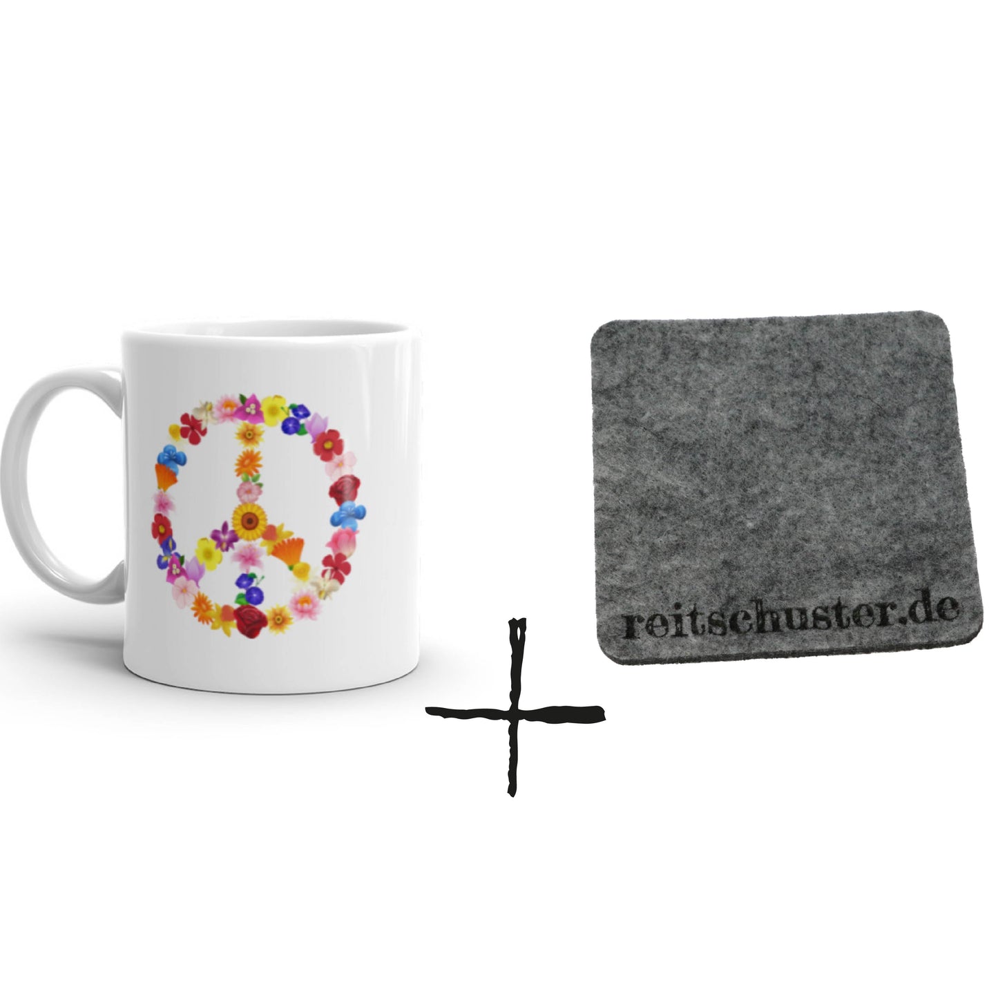 Kaffeetasse mit bunter Peace Zeichen im Blumendesign aufgedruckt, dazu ein Filzuntersetzer in grau mit Reitschuster.de Schriftzug