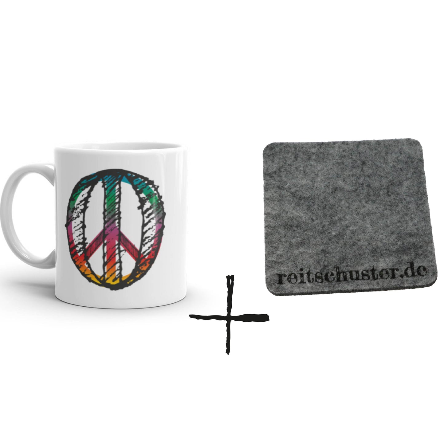 Weisse Tasse mit bunten Peace Zeichen Aufdruck im Reitschuster Stil optional mit Filzuntersetzer in grau mit Reitschuster.de Schriftzug