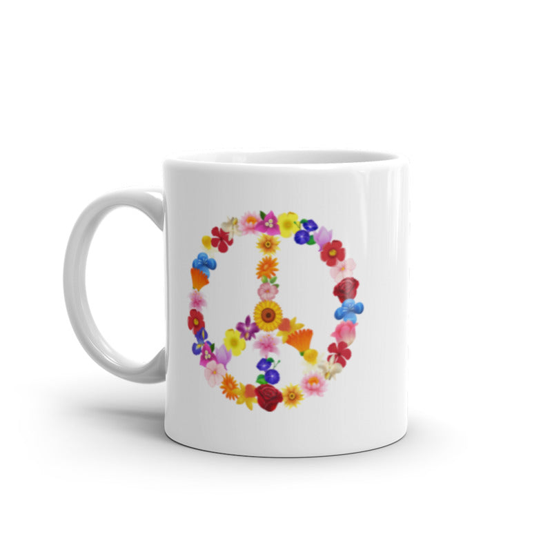 Tasse mit Aufdruck buntem Peace Zeichen in Blumenoptik , Reitschuster.d