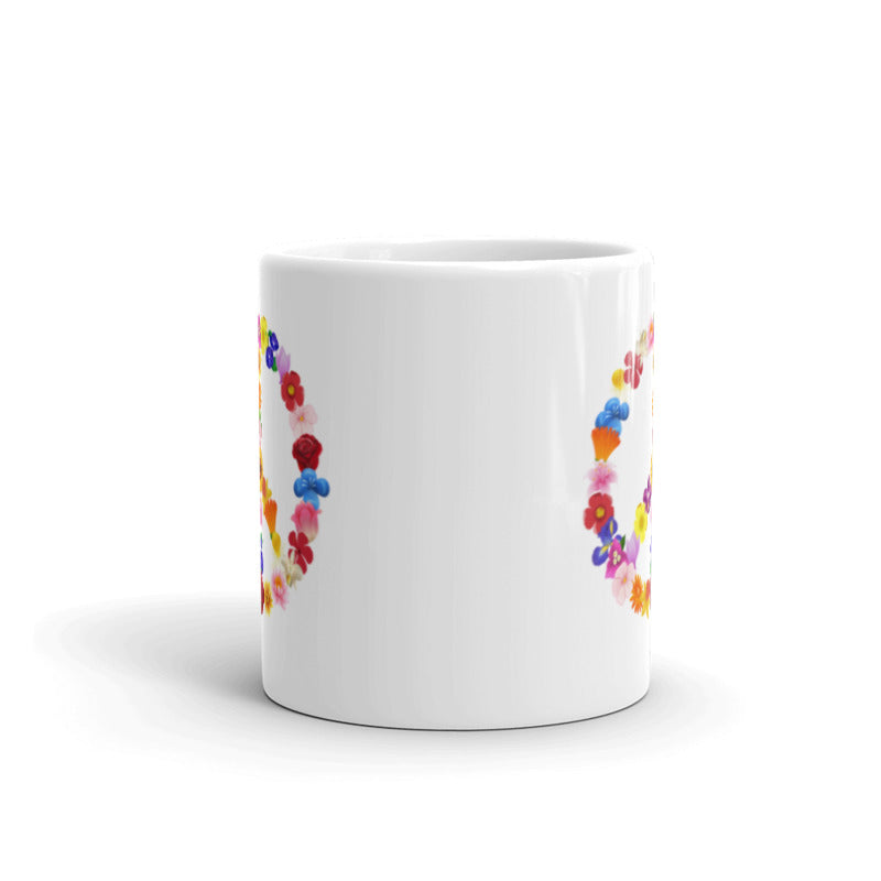 Tasse mit Aufdruck buntem Peace Zeichen in Blumenoptik , Reitschuster.d