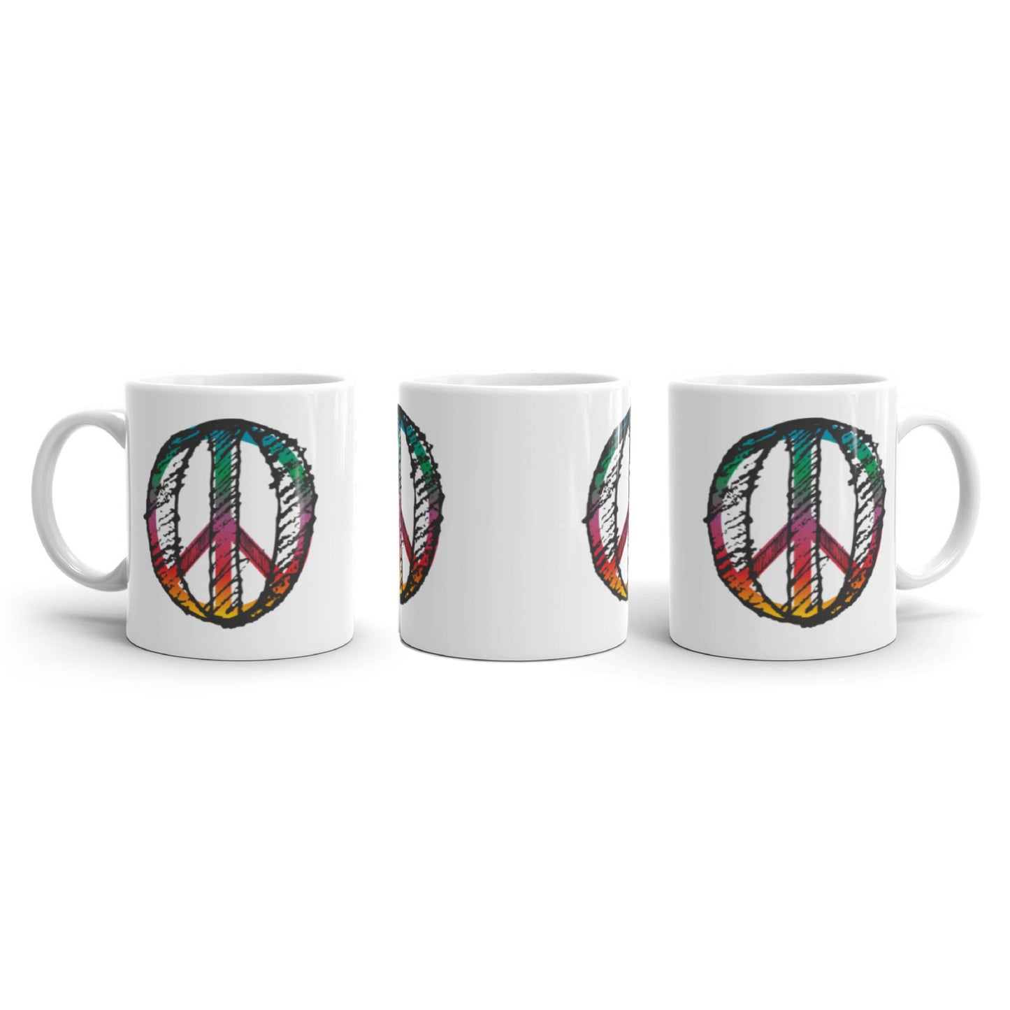 Tasse bedruckt mit einem bunten Peace Zeichen im Reitschuster.de Style