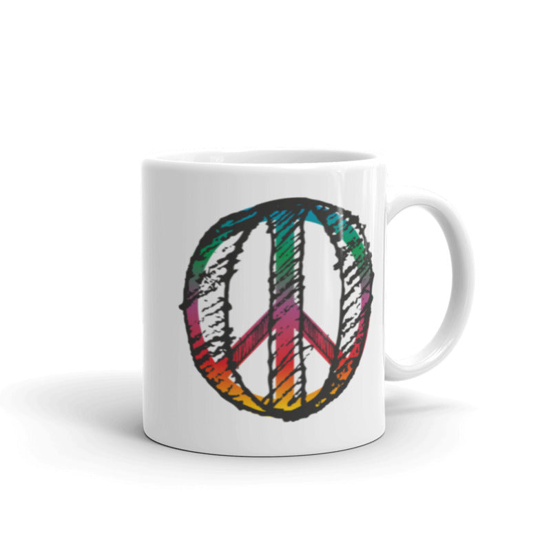 Tasse bedruckt mit einem bunten Peace Zeichen im Reitschuster.de Style