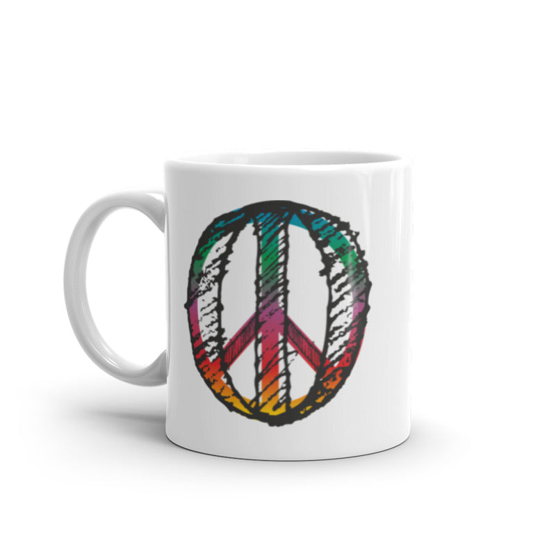 Tasse bedruckt mit einem bunten Peace Zeichen im Reitschuster.de Style