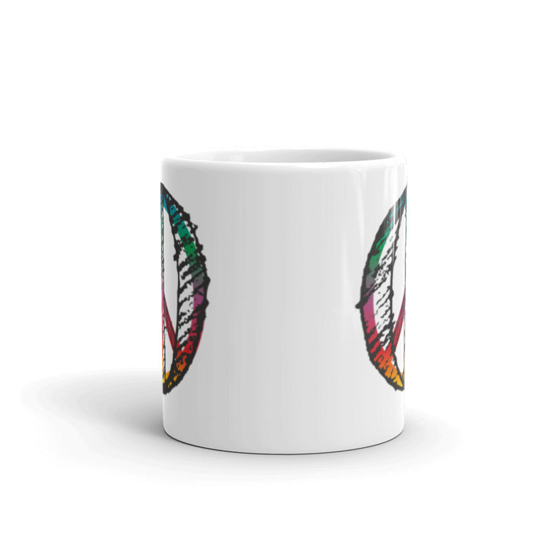 Tasse bedruckt mit einem bunten Peace Zeichen im Reitschuster.de Style