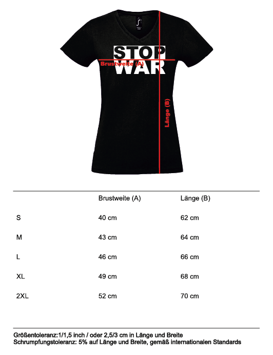 V-Neck T-Shirt, schwarz, Design 2 „STOP WAR"