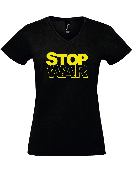 V-Neck T-Shirt, schwarz, Design 2 „STOP WAR"