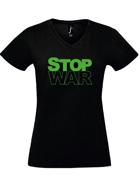 V-Neck T-Shirt, schwarz, Design 2 „STOP WAR"