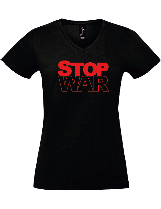 V-Neck T-Shirt, schwarz, Design 2 „STOP WAR"
