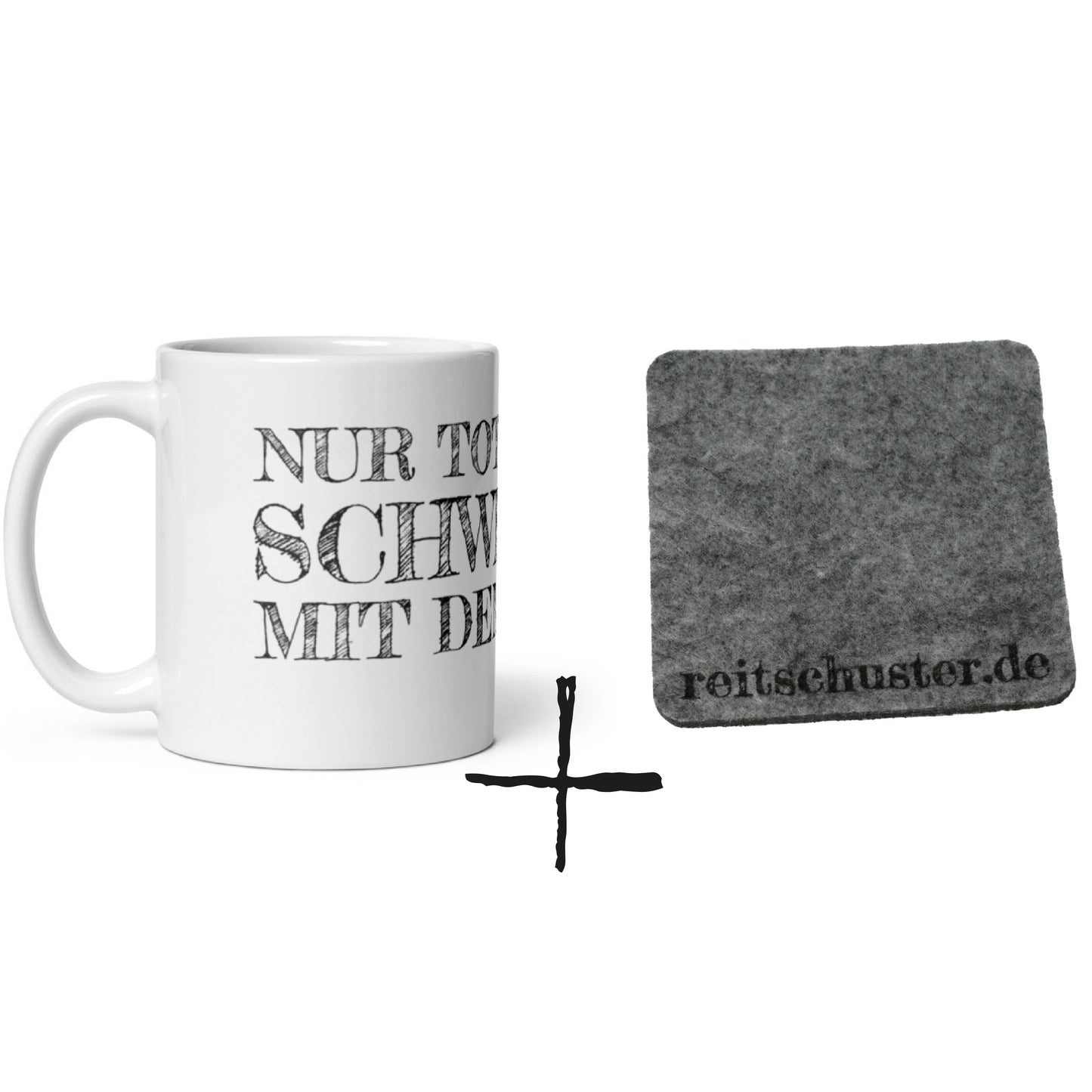 Tasse bedruckt mit Spruch " Nur Tote Fische schwimmen mit dem Strom" und Reitschuster.de Schriftzug und Reitschuster.de Filzuntersetzer