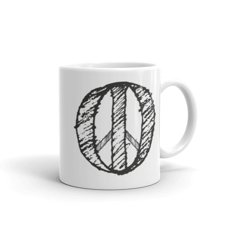 Tasse bedruckt mit schwarzen Peace Zeichen im Reitschuster.de Style