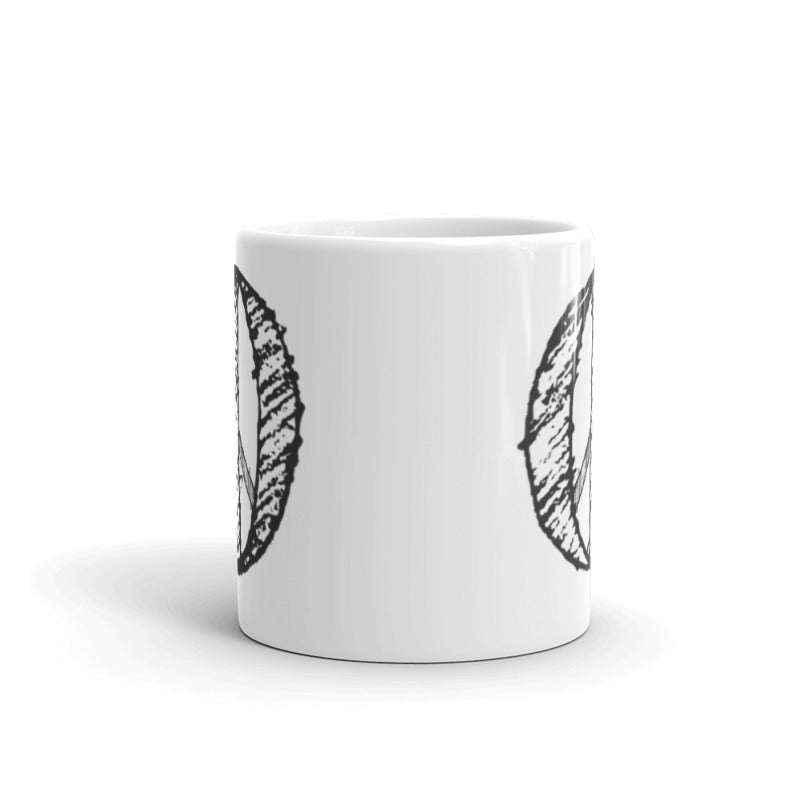 Tasse bedruckt mit schwarzen Peace Zeichen im Reitschuster.de Style