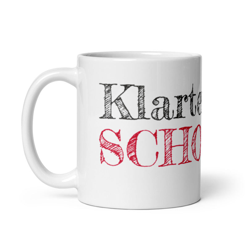 Tasse bedruckt mit Spruch "Klartext statt Schollen" mit Reitschuster.de Schriftzug