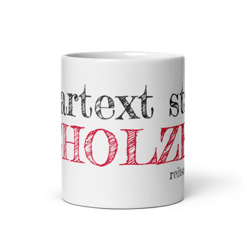 Tasse bedruckt mit Spruch "Klartext statt Schollen" mit Reitschuster.de Schriftzug
