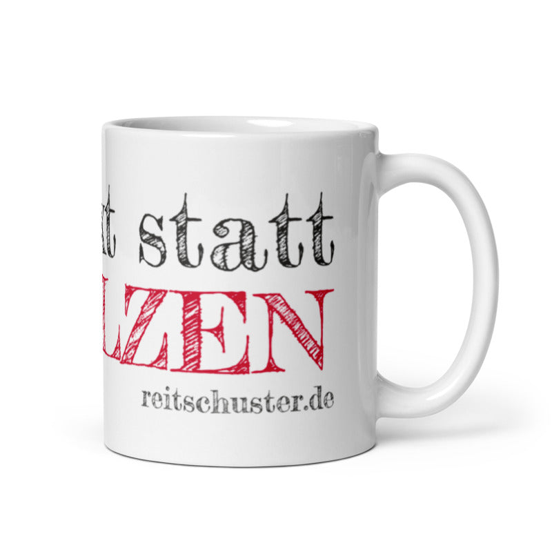 Tasse bedruckt mit Spruch "Klartext statt Schollen" mit Reitschuster.de Schriftzug