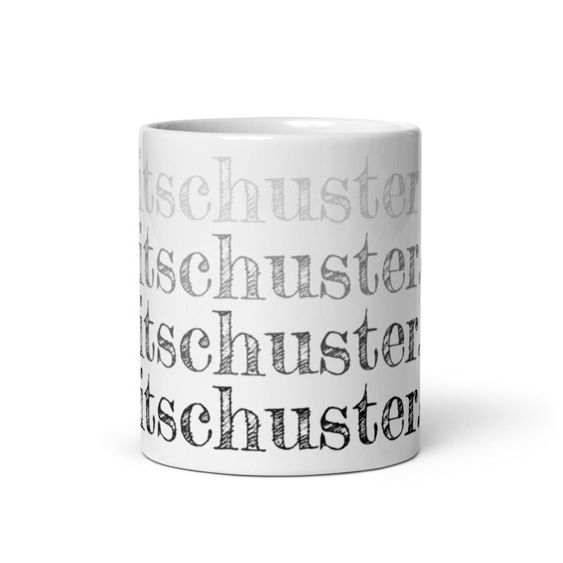 Tasse bedruckt mit schwarzen "reistchuster.de" Schriftzug im Rapport