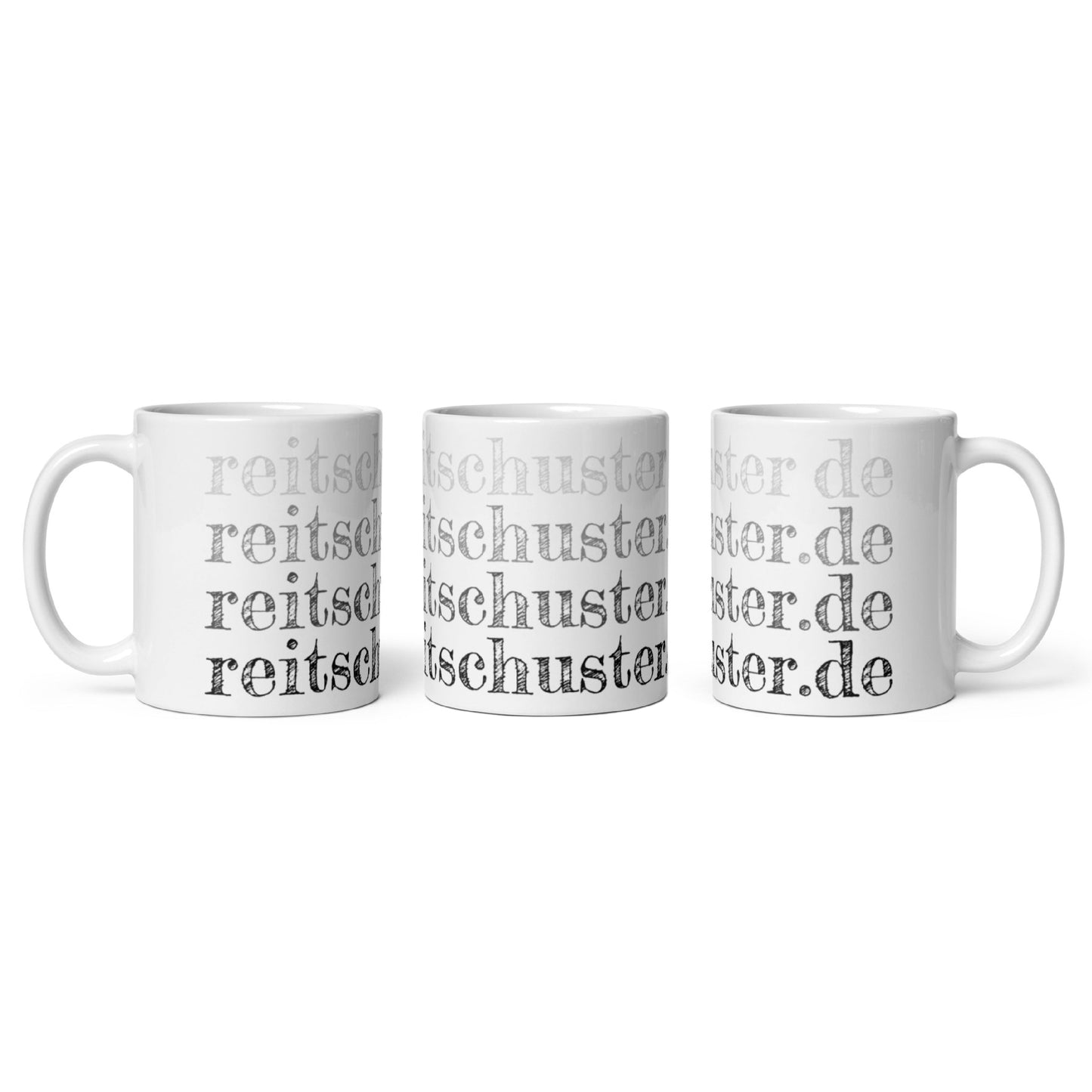 Tasse bedruckt mit schwarzen "reistchuster.de" Schriftzug im Rapport